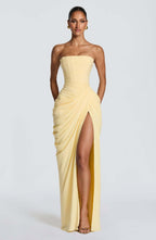 Damen Elegantes Langarm Abendkleid mit asymmetrischer Drapierung und schmalem Schlitz EB