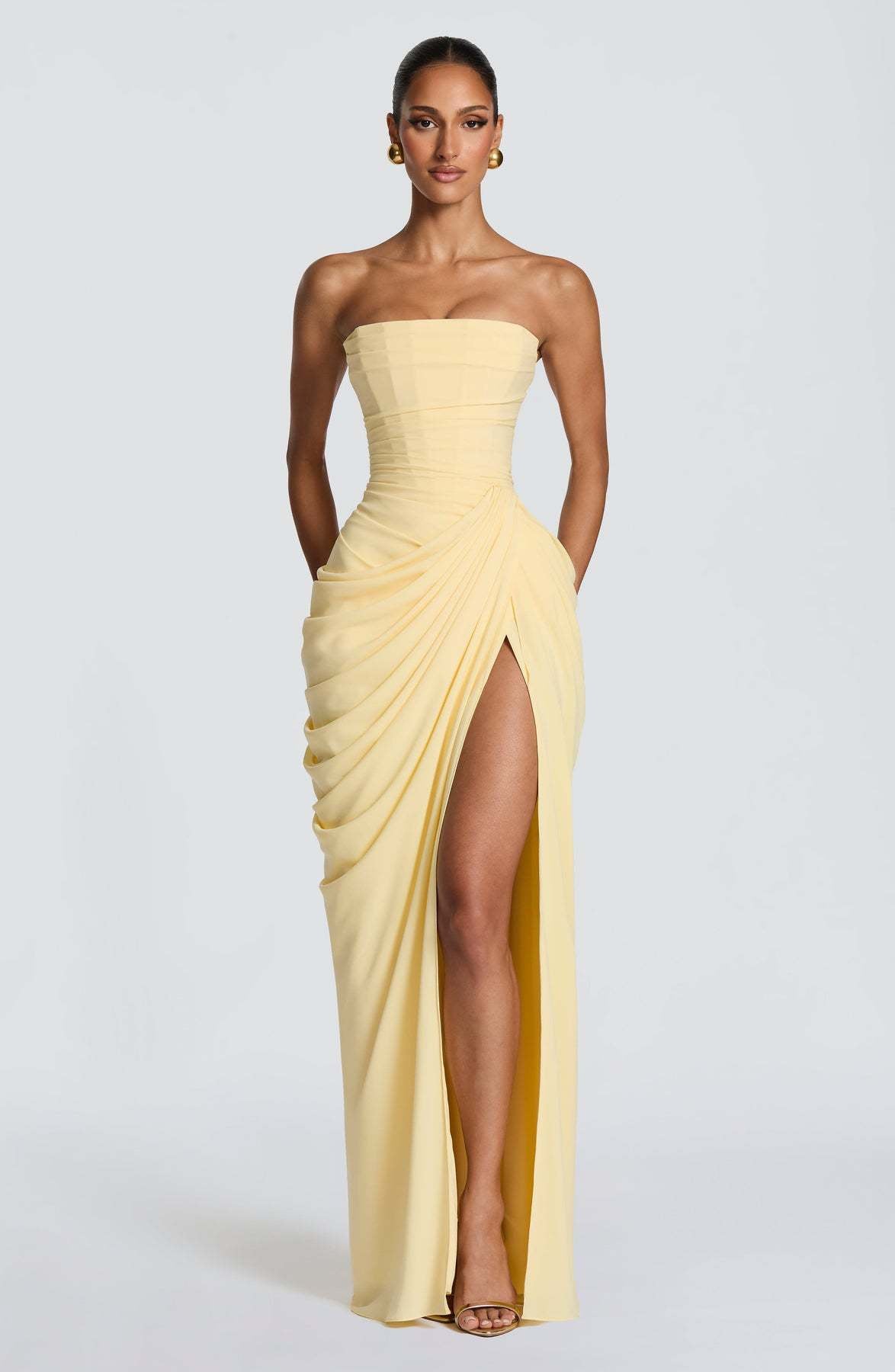 Damen Elegantes Langarm Abendkleid mit asymmetrischer Drapierung und schmalem Schlitz EB