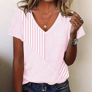 Damen nan gestreifte V-Ausschnitt-Bluse mit asymmetrischem Streifenmix und Kurzarm R&B