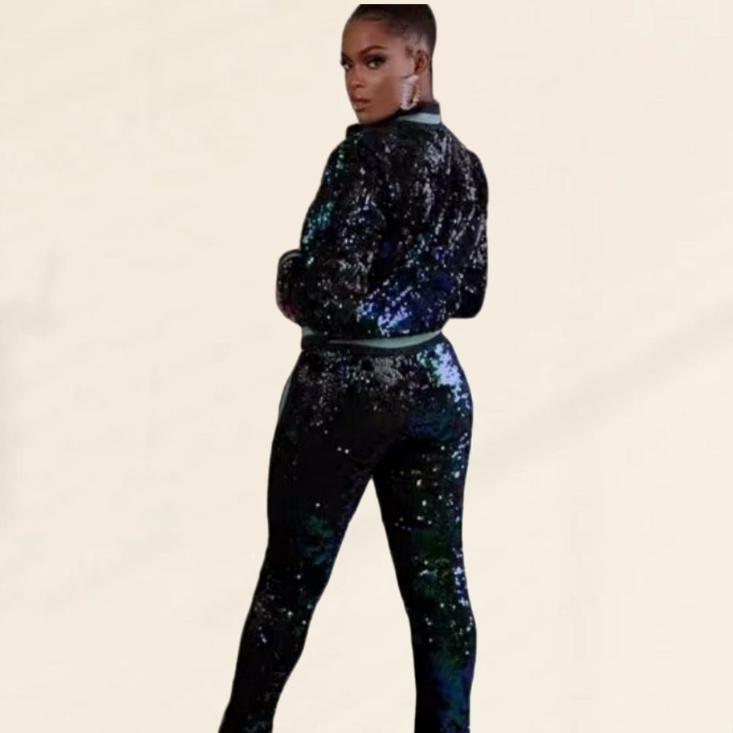 Damen Glitzerndes Sportanzug-Set mit trendigen Streifen R&B