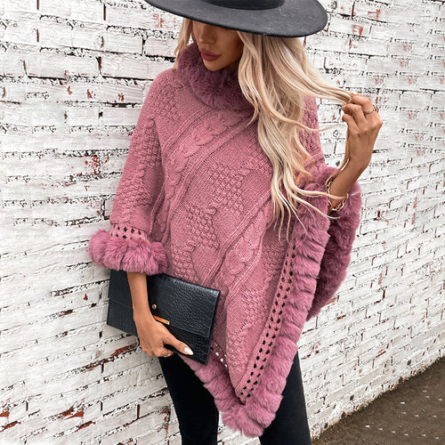 Damen kuscheliger Strickponcho mit samtigem Fellbesatz R&B