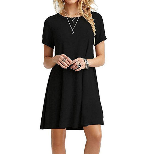 Damen locker fallendes Freizeitkleid mit Rundhalsausschnitt und kurzen Ärmeln R&B