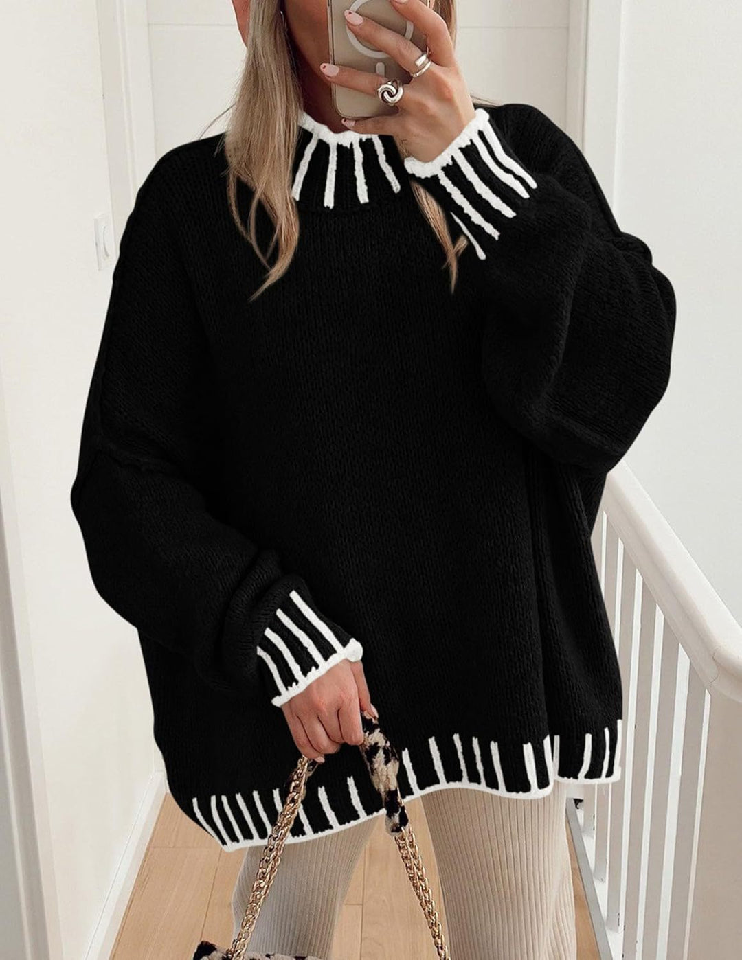 Damen lässiger Grobstrickpullover mit modernem Streifenmuster R&B
