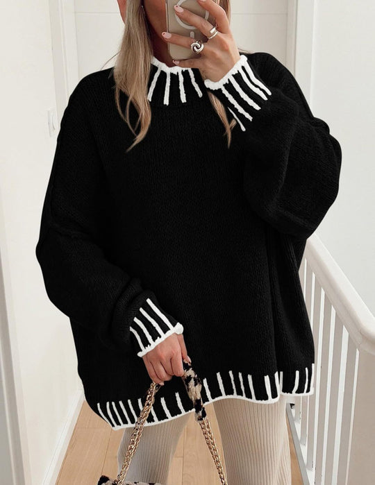 Damen lässiger Grobstrickpullover mit modernem Streifenmuster R&B