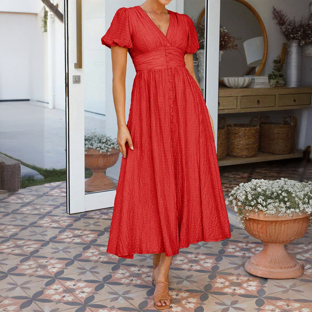 Damen Maxikleid mit V-Ausschnitt und luftigen Puffärmeln R&B