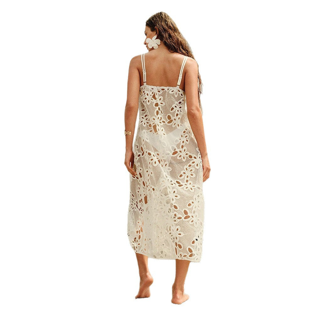 Damen elegantes transparentes Strandkleid mit floralen Häkelverzierungen R&B