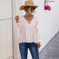 Damen lässige Bluse mit V-Ausschnitt und langen Puffärmeln R&B
