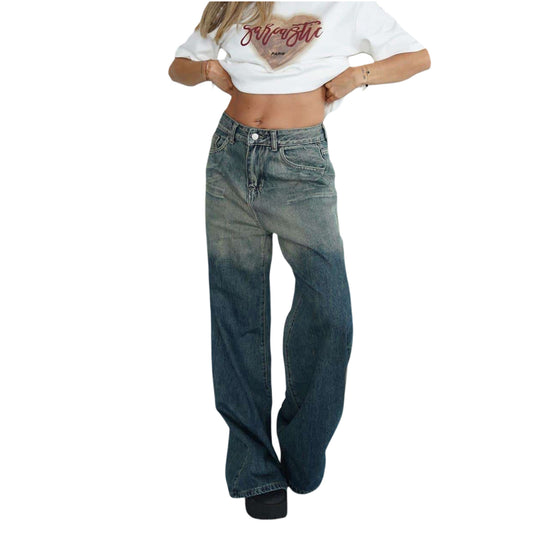 Damen lockere High-Waist Jeans mit angesagtem Farbverlauf und weitem Bein R&B