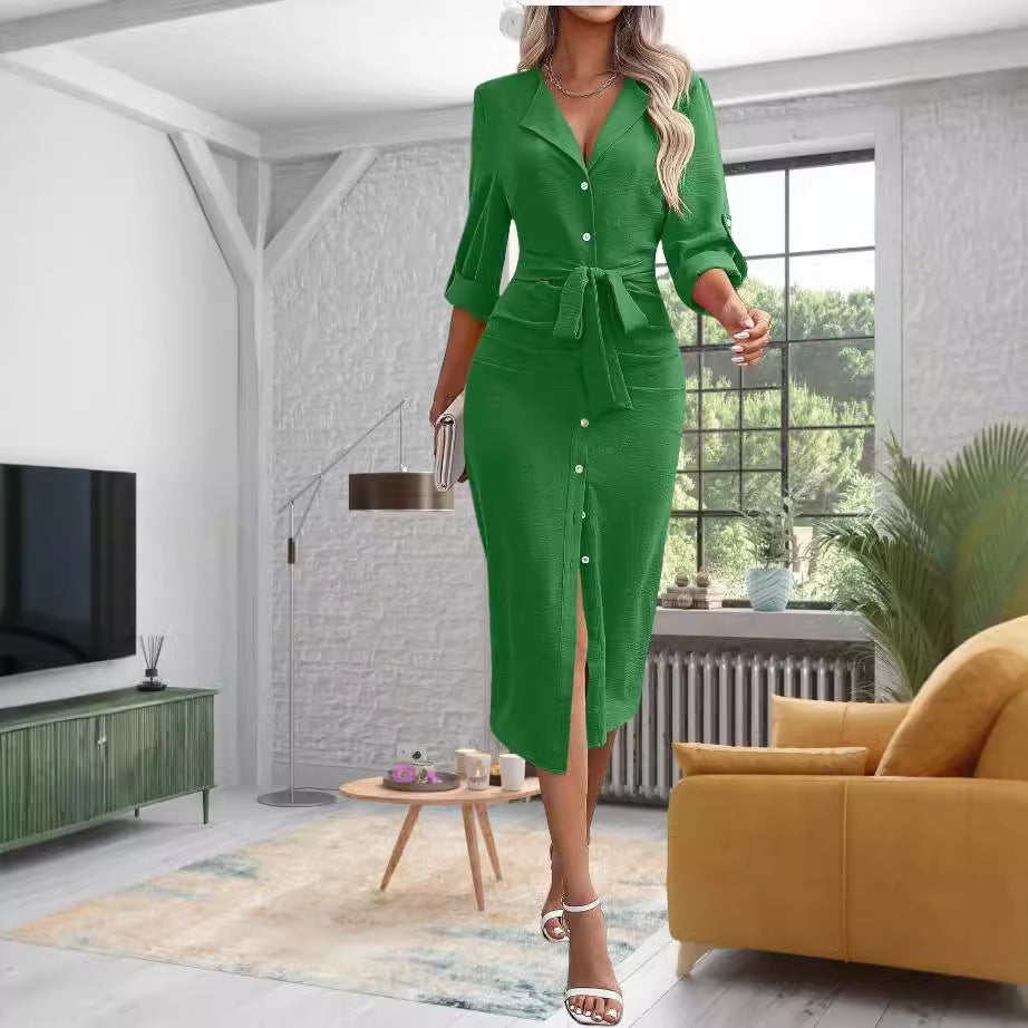 Damen Midikleid mit stilvollem Knopf-Design und eleganter Gürtelbindung R&B