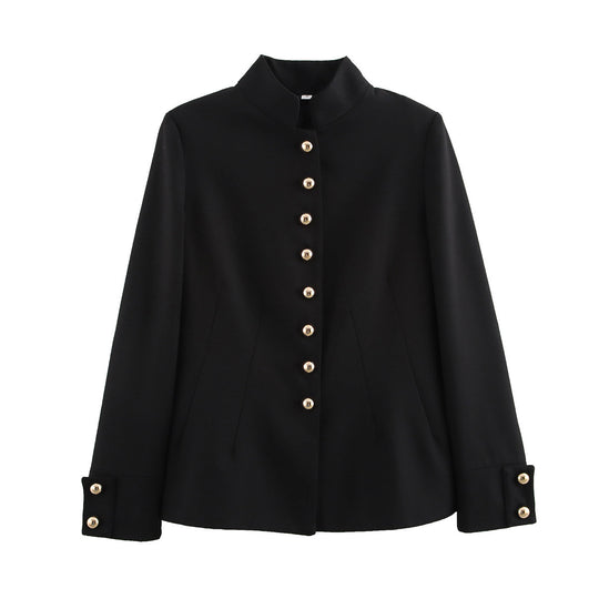 Damen elegante Steppjacke mit hochgeschlossenem Kragen und goldenen Knöpfen R&B