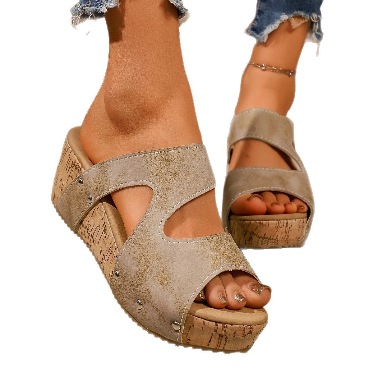Damen Wedge-Pantoletten mit modischem Korkelement und verstellbarem Riemendesign R&B