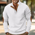Herren nan gerippter Stehkragen-Strickpullover mit verdeckter Knopfleiste und Lederimitat-Ellenbogenbesatz R&B