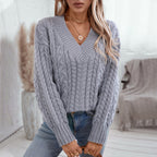 Damen Grobstrickpullover mit V-Ausschnitt und Zopfmuster