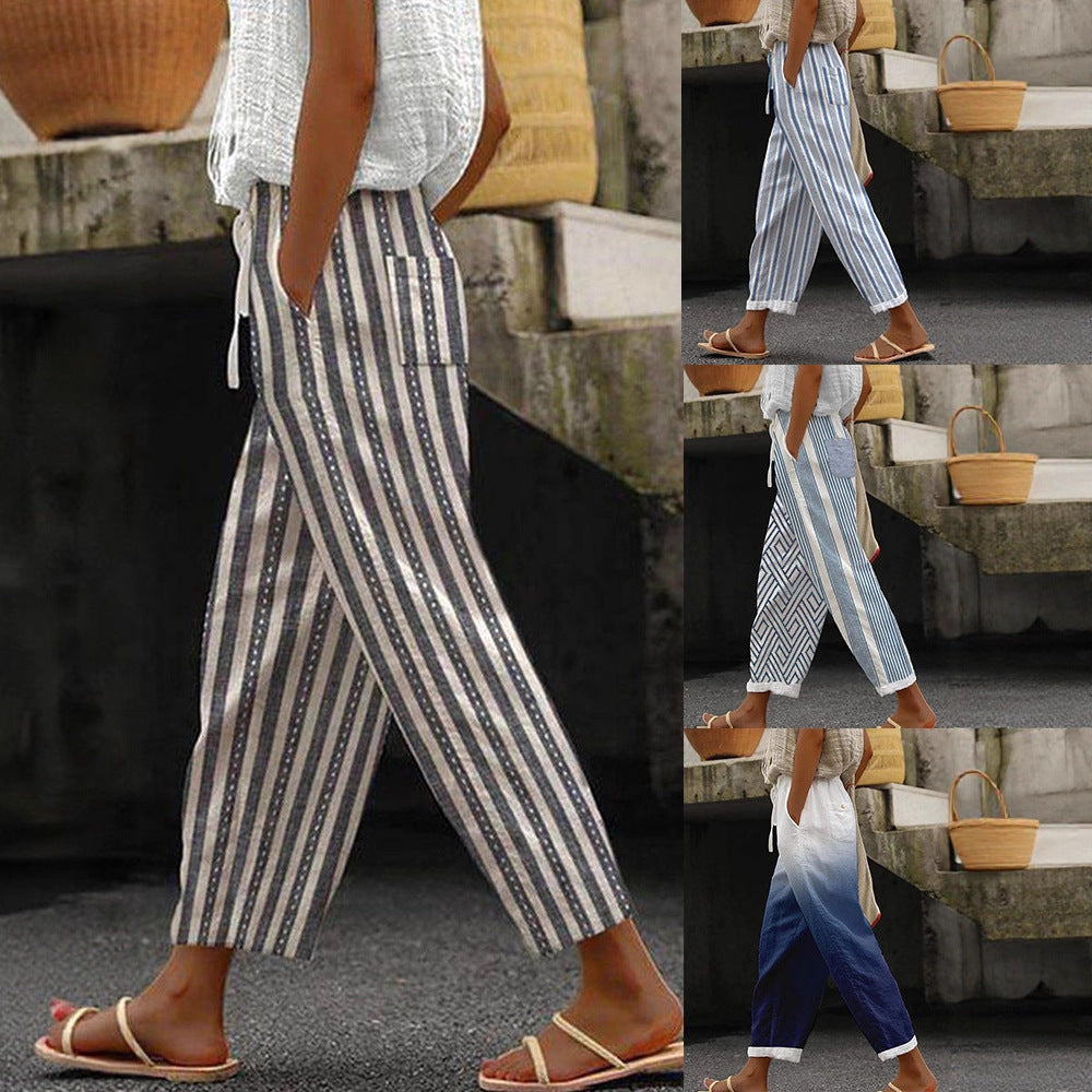 Damen Weite Leinenhose mit handgewtem Muster