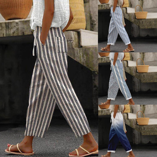 Damen Weite Leinenhose mit handgewebtem Muster R&B