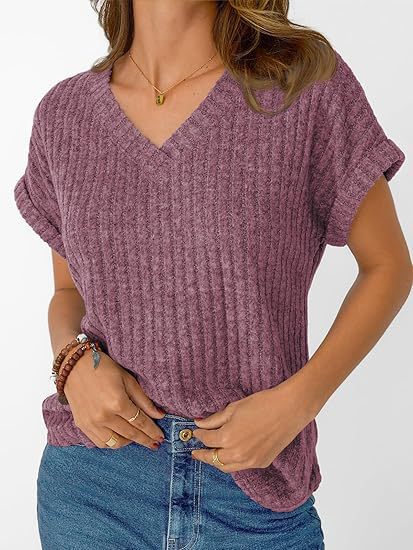 Damen lässiges V-Ausschnitt T-Shirt mit Streifenstruktur R&B
