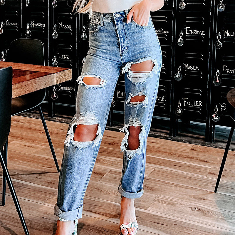 Damen Destroyed Boyfriend Jeans im lässigen Schnitt mit hohem Bund R&B