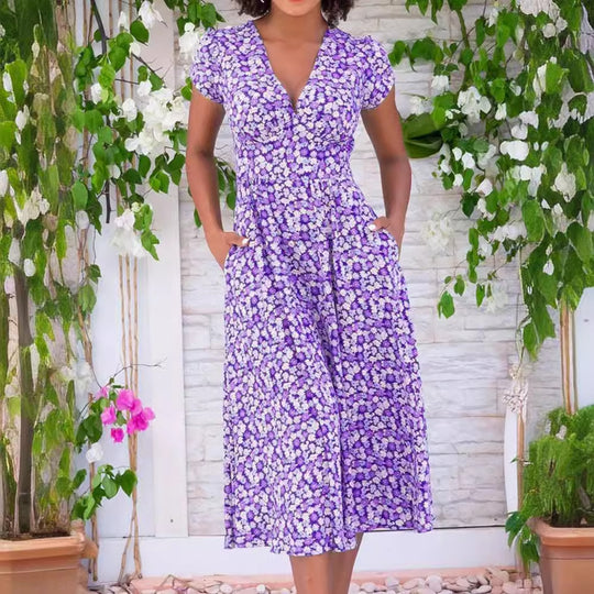 Damen Maxi-Kleid mit floralen Mustern und Taschen R&B