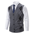 Herren nan ärmellose Strickweste mit Argyle-Muster, Teddyfutter und durchgehender Knopfleiste R&B