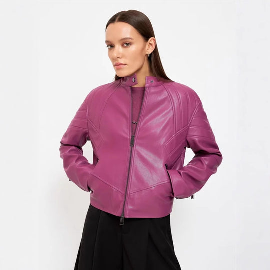 Damen Kunstleder Bikerjacke mit strukturiertem Design R&B