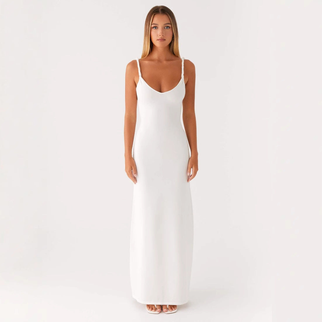 Damen Elegantes Maxirockkleid mit tiefem V-Ausschnitt und feinen Trägern R&B