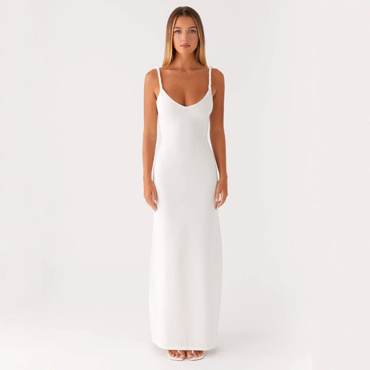 Damen Elegantes Maxirockkleid mit tiefem V-Ausschnitt und feinen Trägern R&B