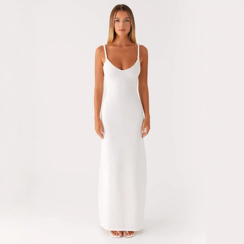 Damen Elegantes Maxirockkleid mit tiefem V-Ausschnitt und feinen Trägern R&B