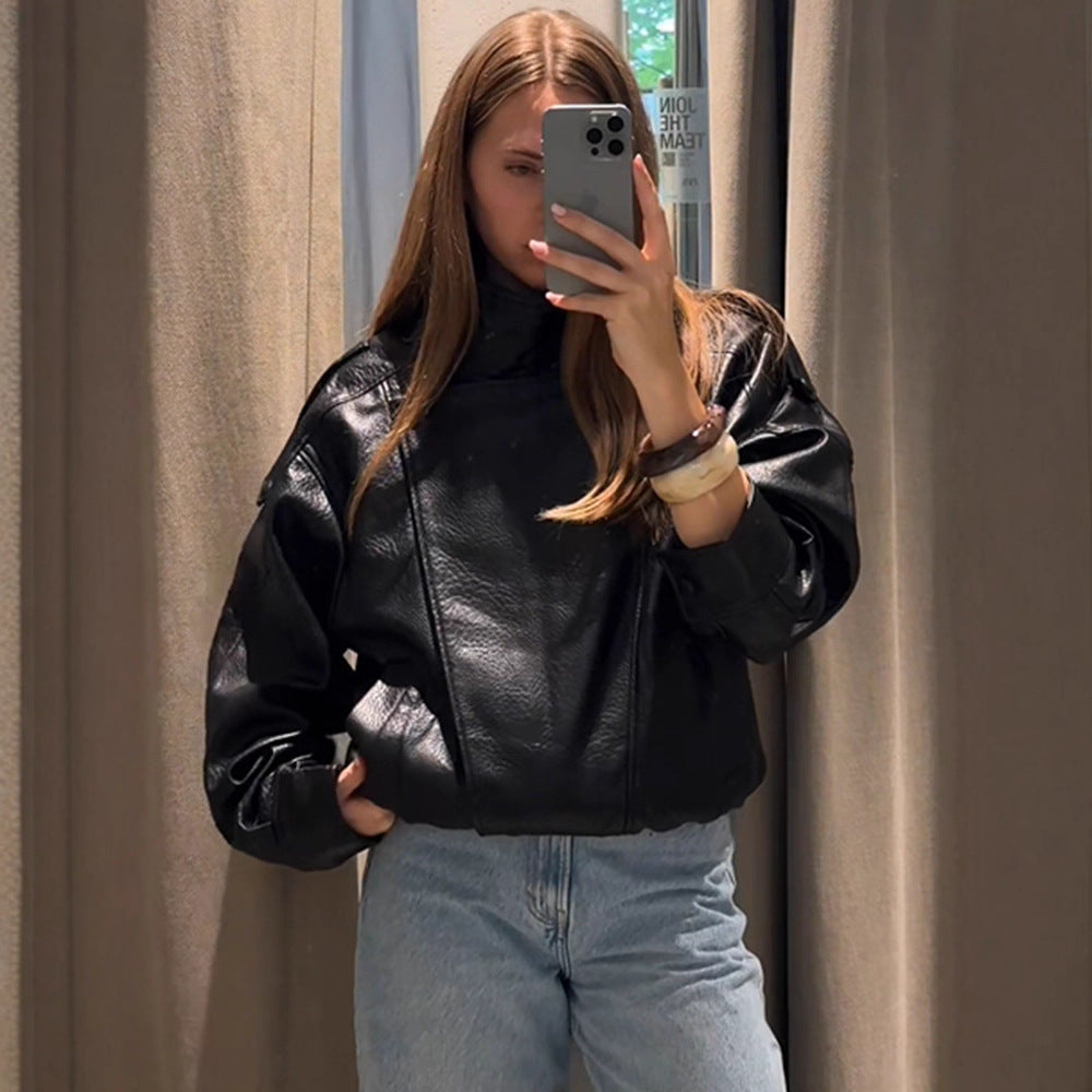 Damen lässige Kunstlederjacke im Oversized-Schnitt R&B