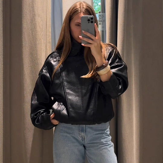 Damen lässige Kunstlederjacke im Oversized-Schnitt R&B