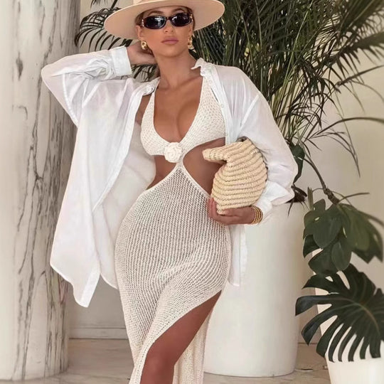 Damen Transparentes Strandkleid mit tiefem V-Ausschnitt R&B