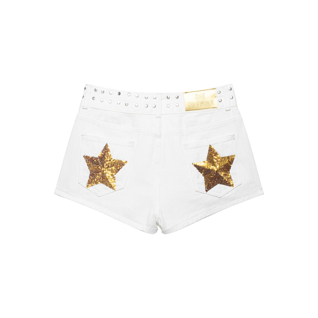 Damen modische Denim-Shorts mit dekorativem Nietenbund R&B