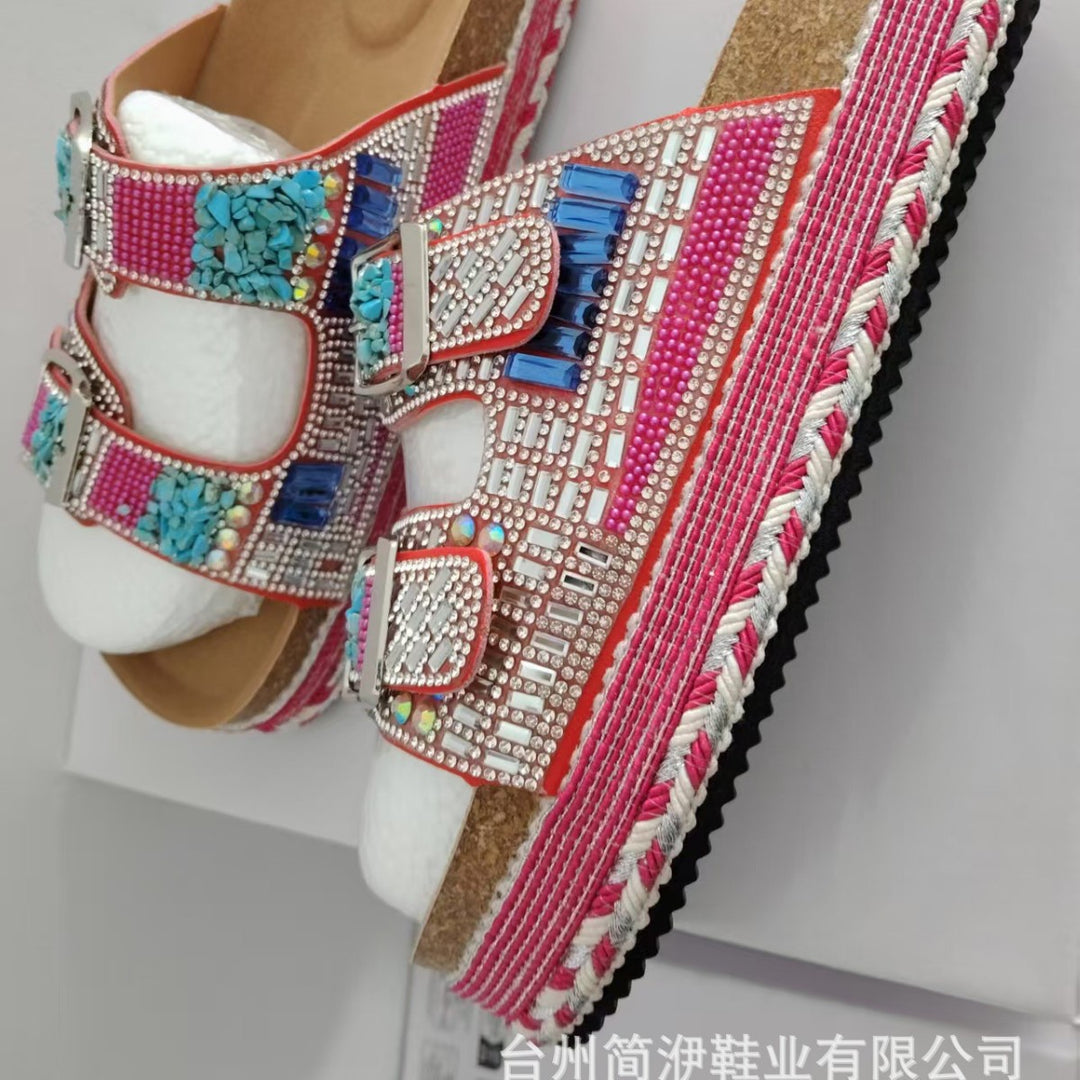 Damen bequeme Sandalen mit dekorativen Steinen und breiten Riemen R&B