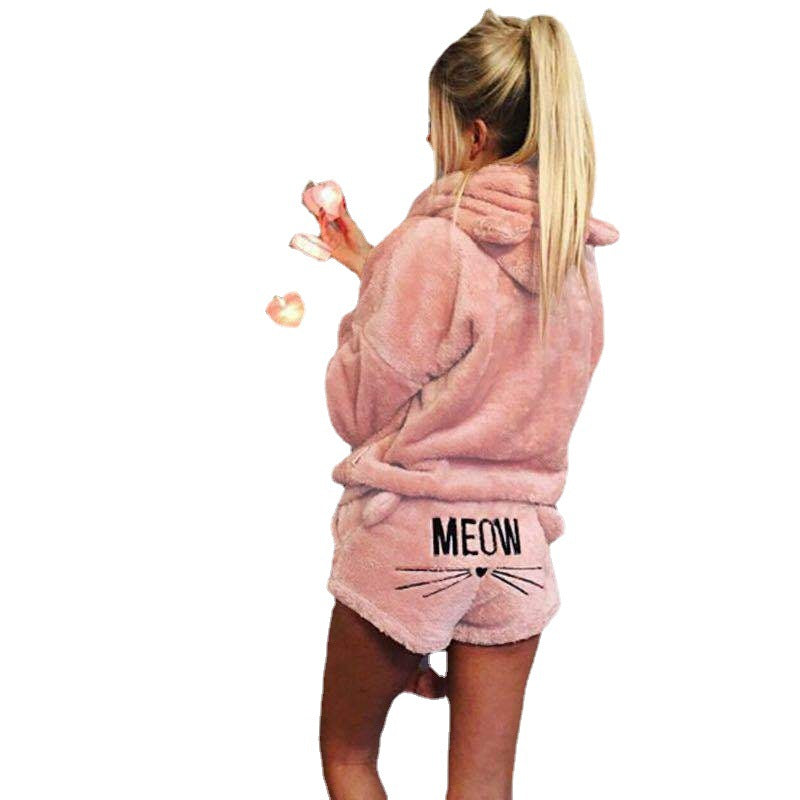 Damen nan kuscheliges zweiteiliges Lounge-Set mit Kapuzenpullover und Shorts mit MEOW-Stickerei R&B