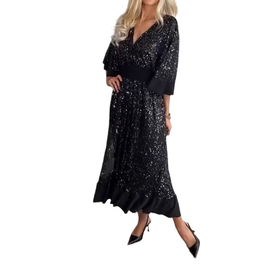 Damen nan schimmerndes Abend-Maxikleid mit Kimonoärmeln und taillenbetontem Bund R&B