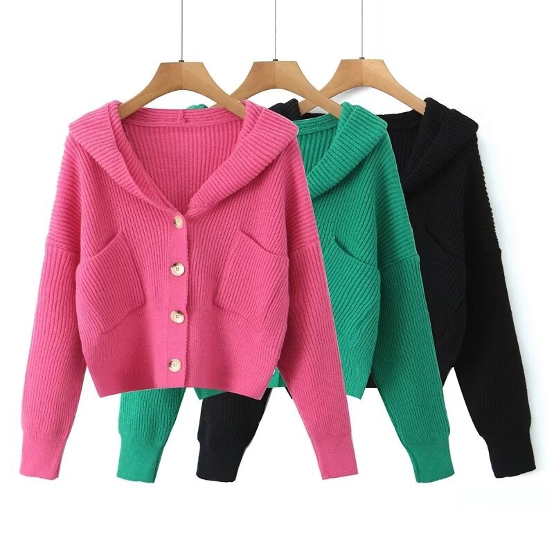 Damen lässige Strickjacke mit Kapuze und praktischen Taschen R&B