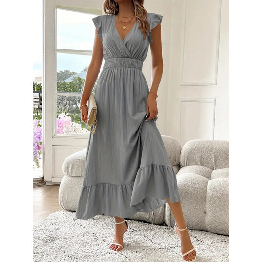 Damen Maxikleid mit voluminösen Rüschenärmel und elegantem Bund R&B