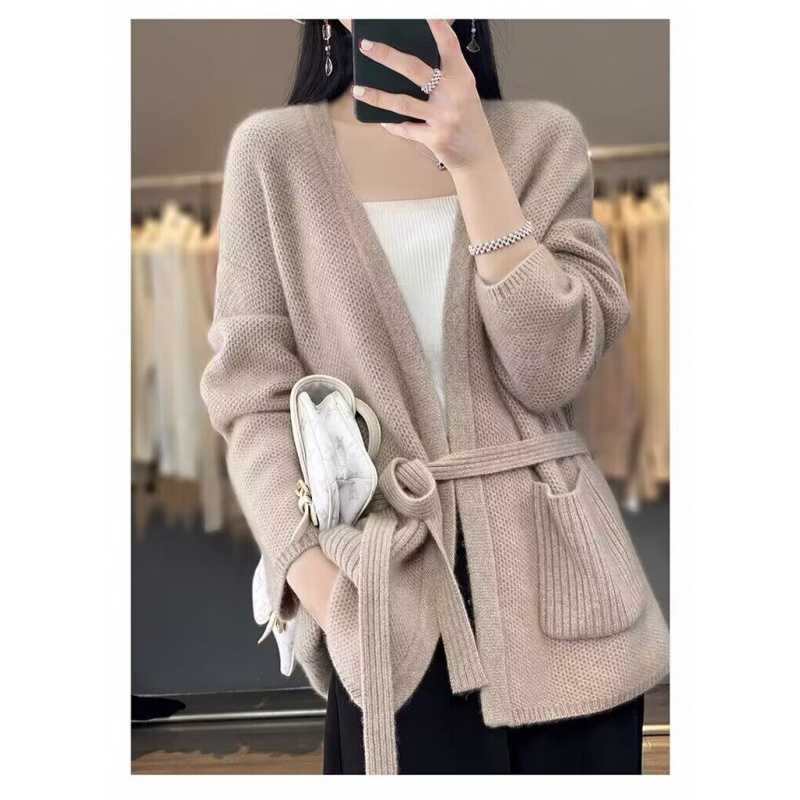Damen bequeme Strickjacke mit Taillengürtel und Taschen R&B