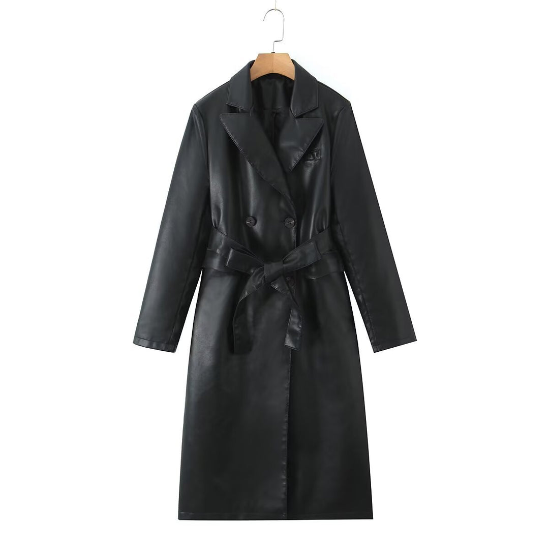 Damen Kunstleder Trenchcoat mit Taillengürtel und eleganter Taschennaht R&B