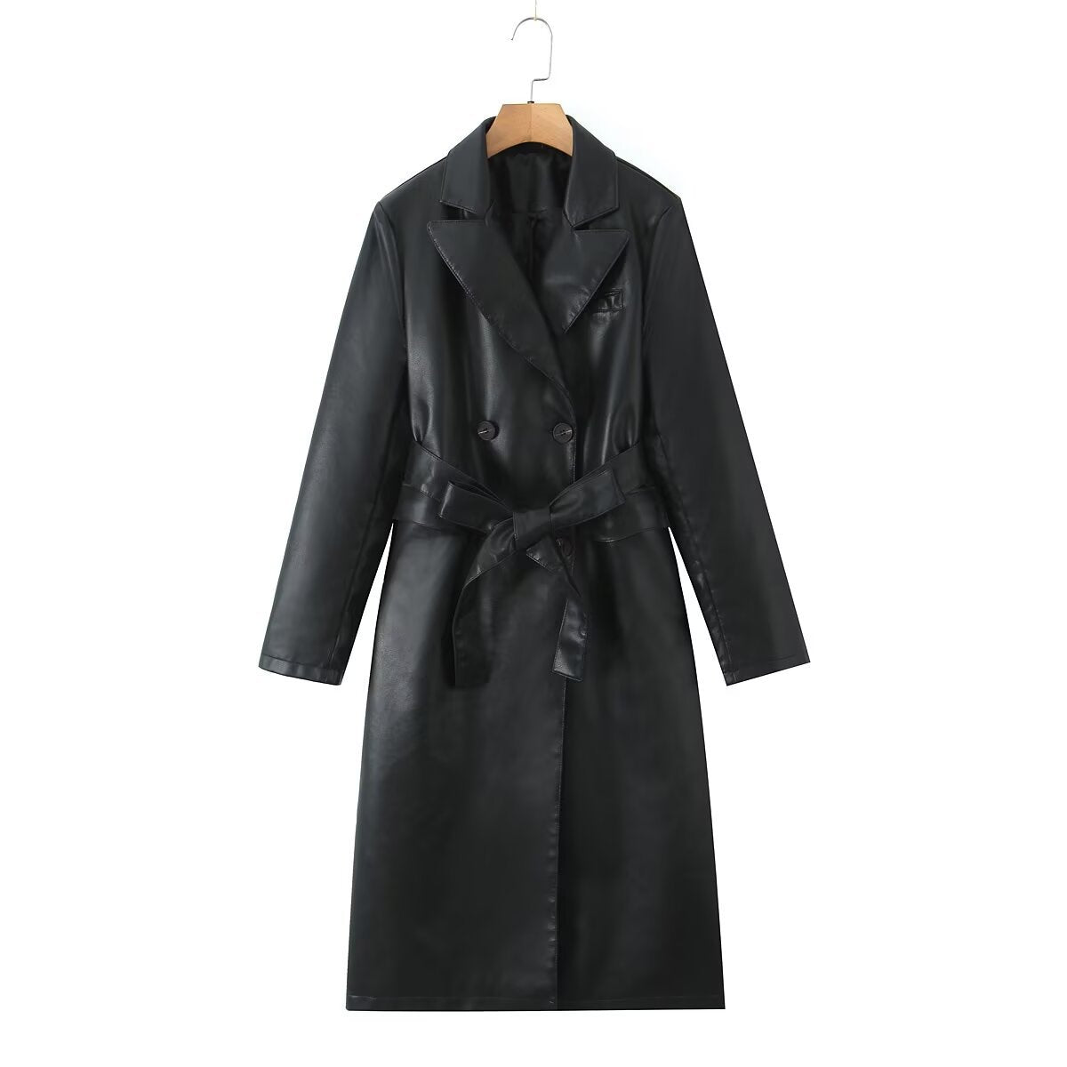 Damen Kunstleder Trenchcoat mit Taillengürtel und eleganter Taschennaht R&B