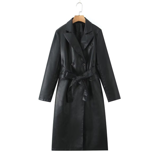 Damen Kunstleder Trenchcoat mit Taillengürtel und eleganter Taschennaht R&B