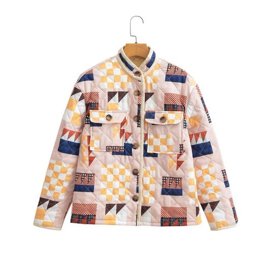 Damen gesteppte Übergangsjacke mit buntem Patchwork-Muster und großen Taschen R&B