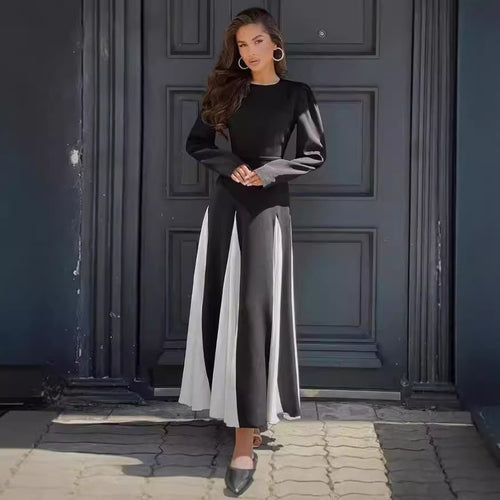 Damen Elegantes Langarmkleid mit Puffärmeln und Fließendem Saum R&B