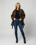 Damen Günstige Strickjacke Damen Slim kurzer Wollmix-Mantel mit Bindegürtel und Stehkragen R&B