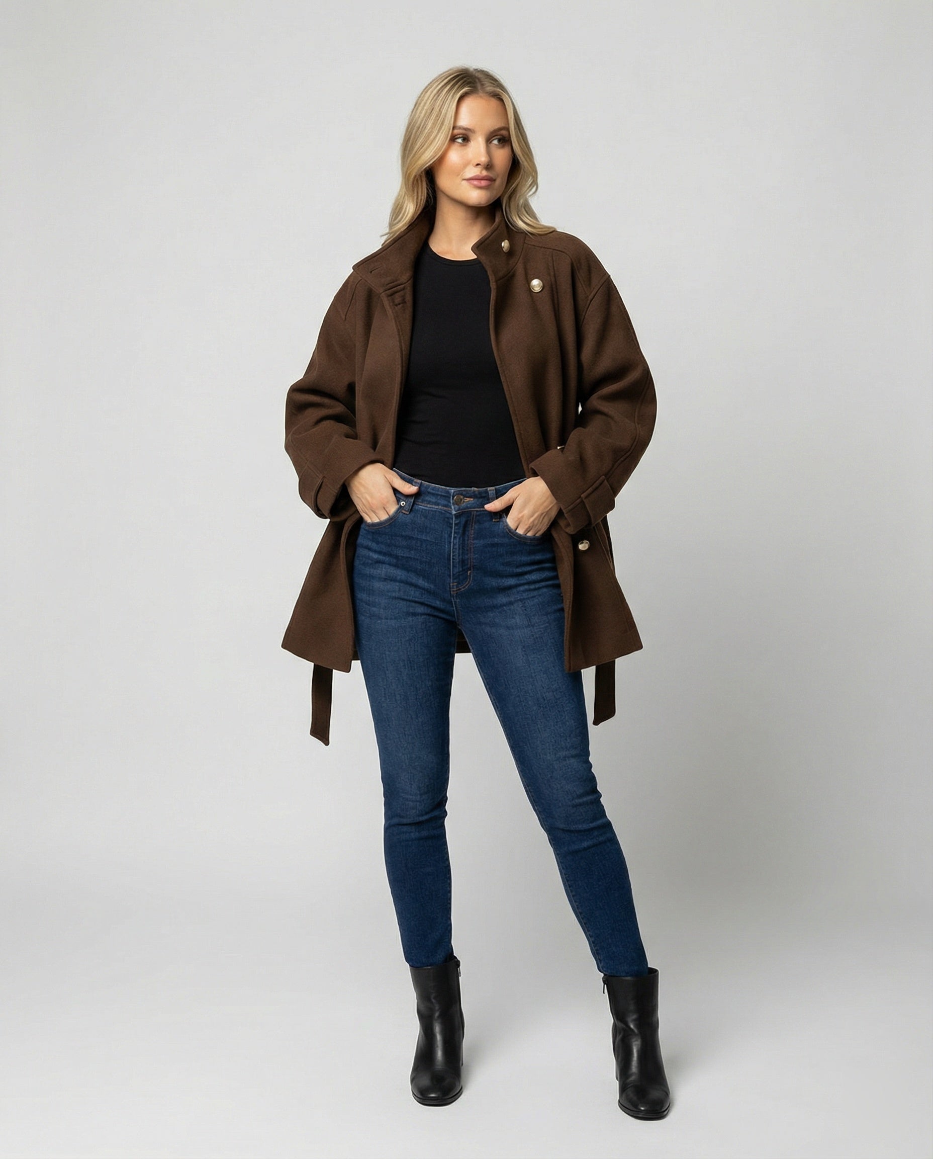 Damen Günstige Strickjacke Damen Slim kurzer Wollmix-Mantel mit Bindegürtel und Stehkragen R&B