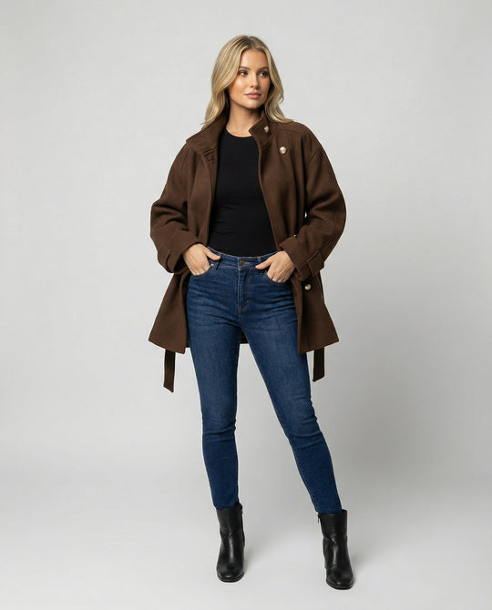 Damen Günstige Strickjacke Damen Slim kurzer Wollmix-Mantel mit Bindegürtel und Stehkragen R&B