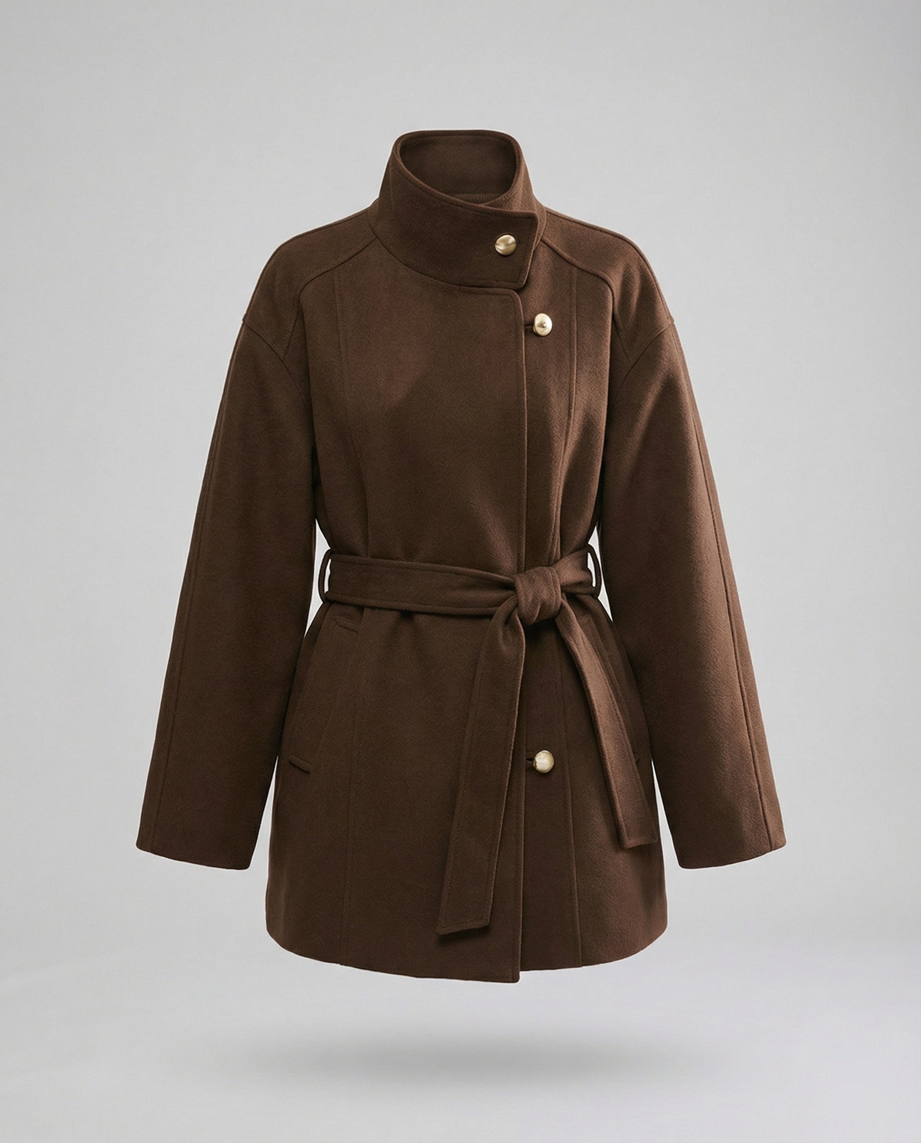 Damen Günstige Strickjacke Damen Slim kurzer Wollmix-Mantel mit Bindegürtel und Stehkragen R&B