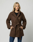 Damen Günstige Strickjacke Damen Slim kurzer Wollmix-Mantel mit Bindegürtel und Stehkragen R&B