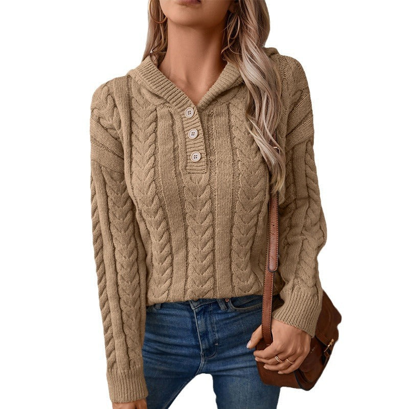 Damen Strickpulli mit Kapuze und Zopfmuster