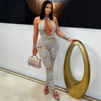 Damen Bodycon Jumpsuit mit tiefem V-Ausschnitt und exklusivem Muster R&B
