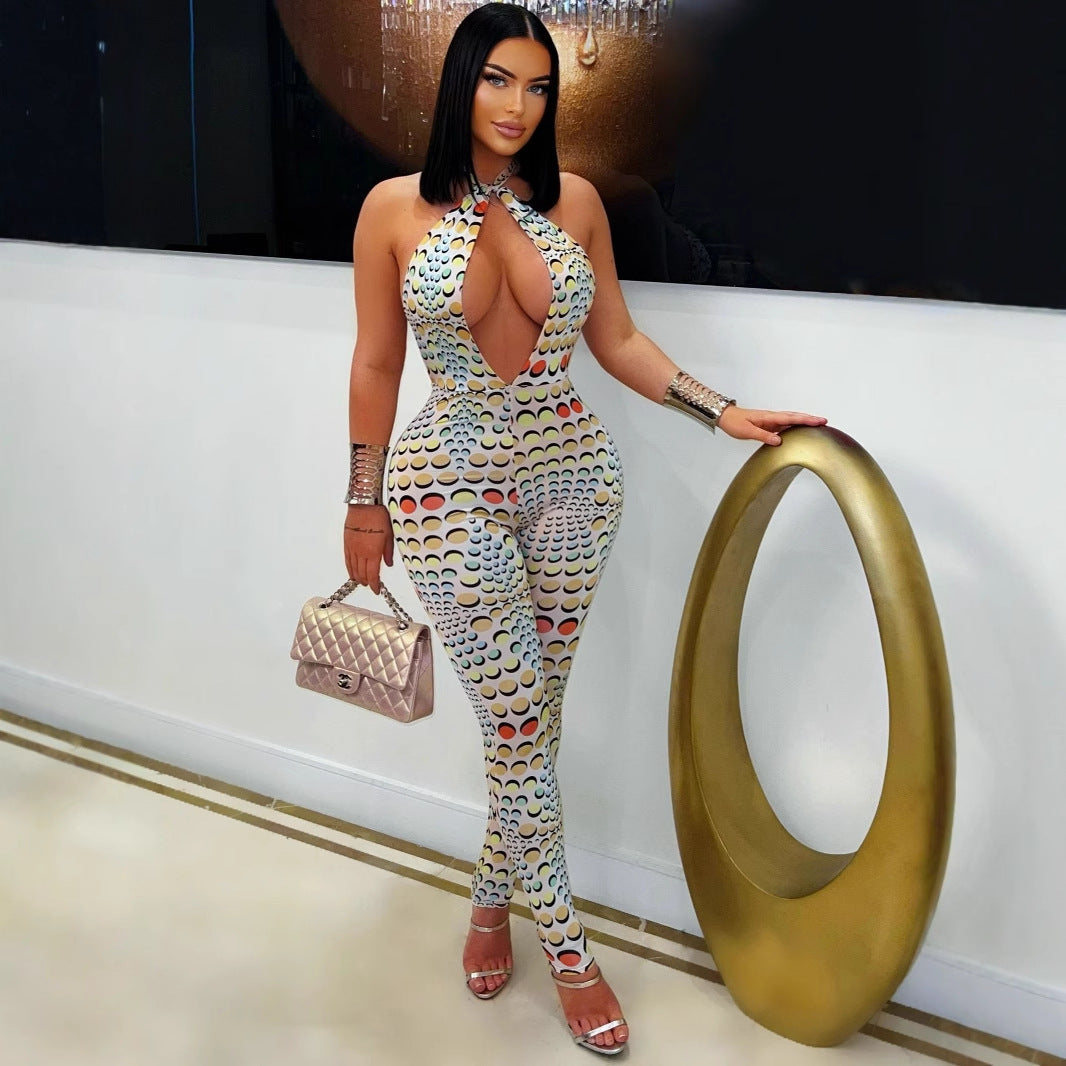 Damen Bodycon Jumpsuit mit tiefem V-Ausschnitt und exklusivem Muster R&B